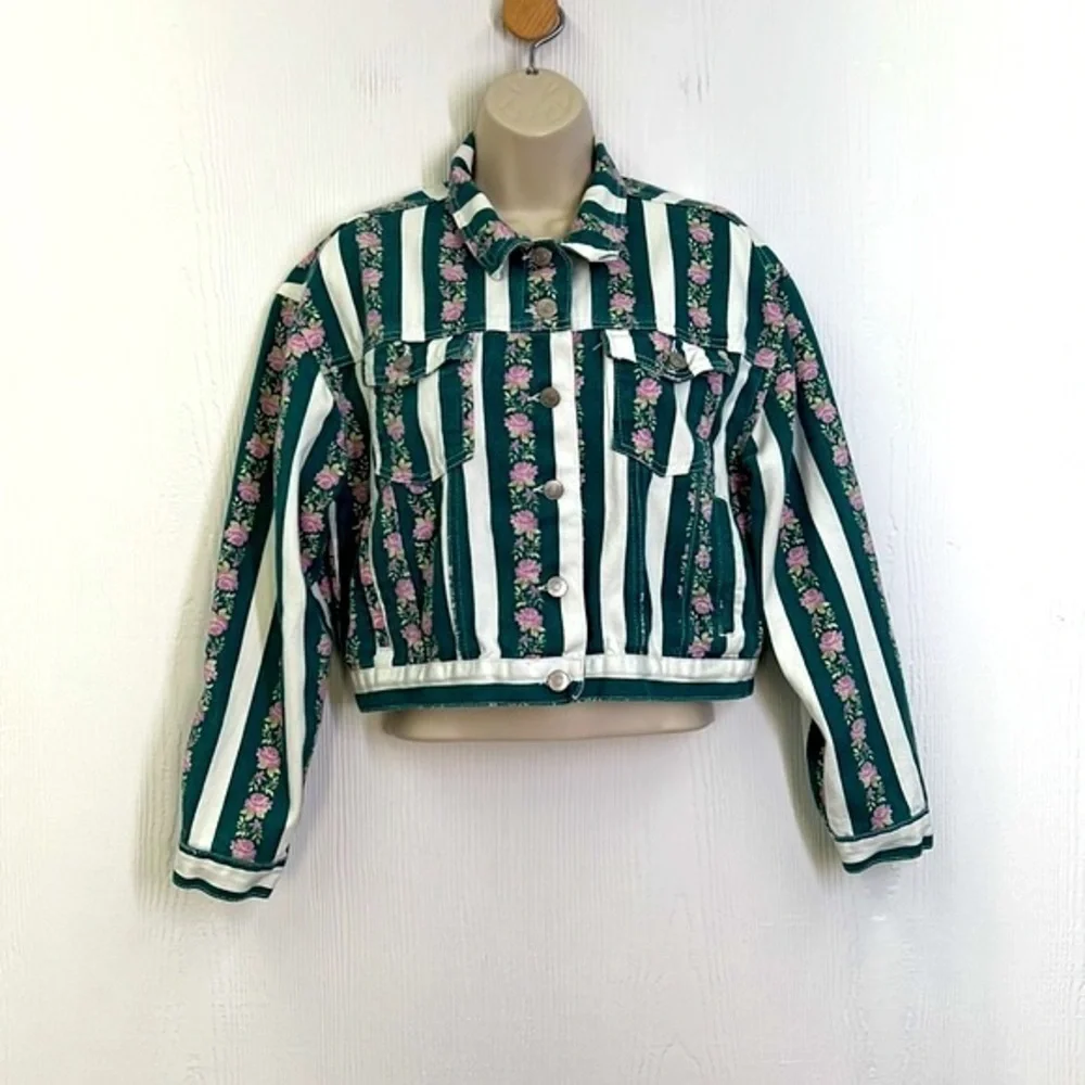 Forever 21 - Vintage Retro Stripe Floral Denim Crop Jacket Size Small